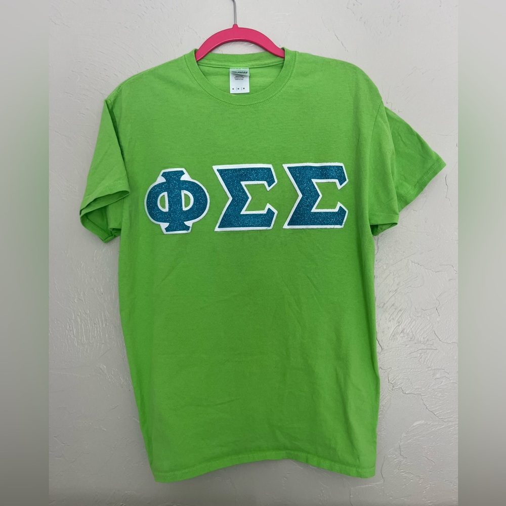 PHI SIGMA SIGMA Stitched sorority letters shirt. Green with baby blue glitter